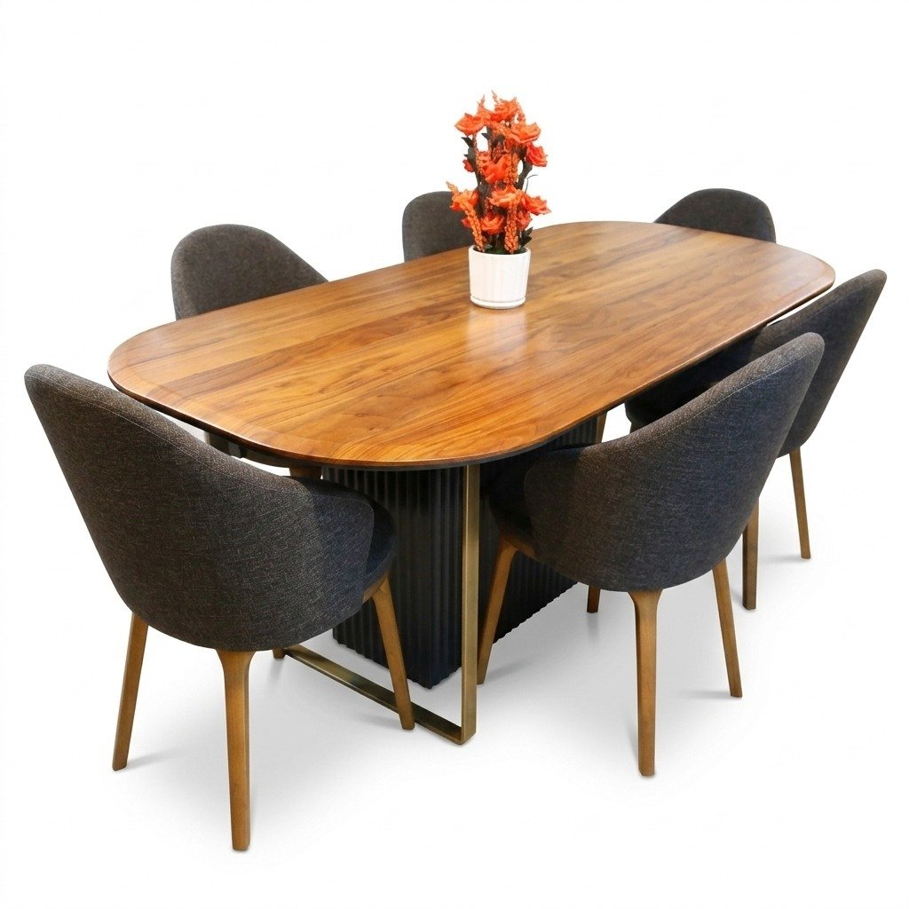Table Ovale Bois Chaleureux & Socle Noir Strié 6 Chaises